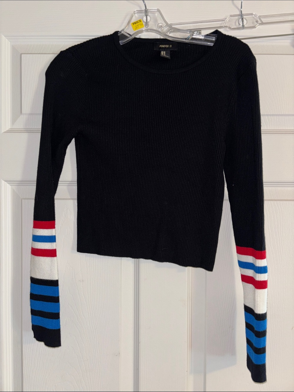Forever 21 Black Ribbed Long Sleeve Top with Red, White & Blue Striped Cuffs